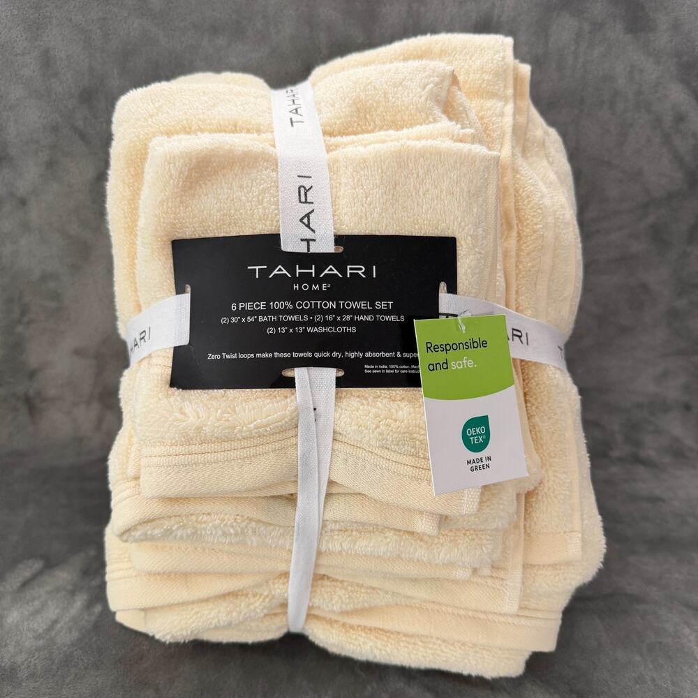 Tahari Home 6 Piece Towel Set 100% Cotton Bath Hand Washcloths Butter Yellow NWT